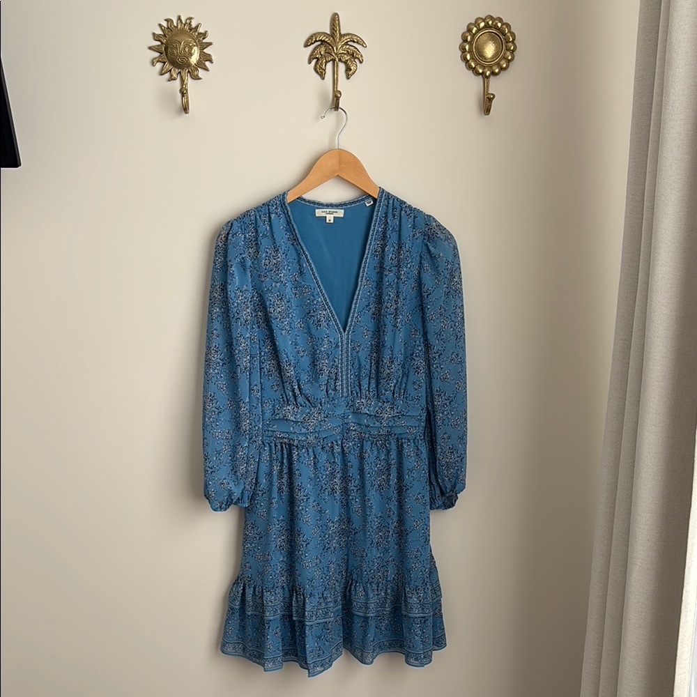Long sleeve chiffon blue floral dress